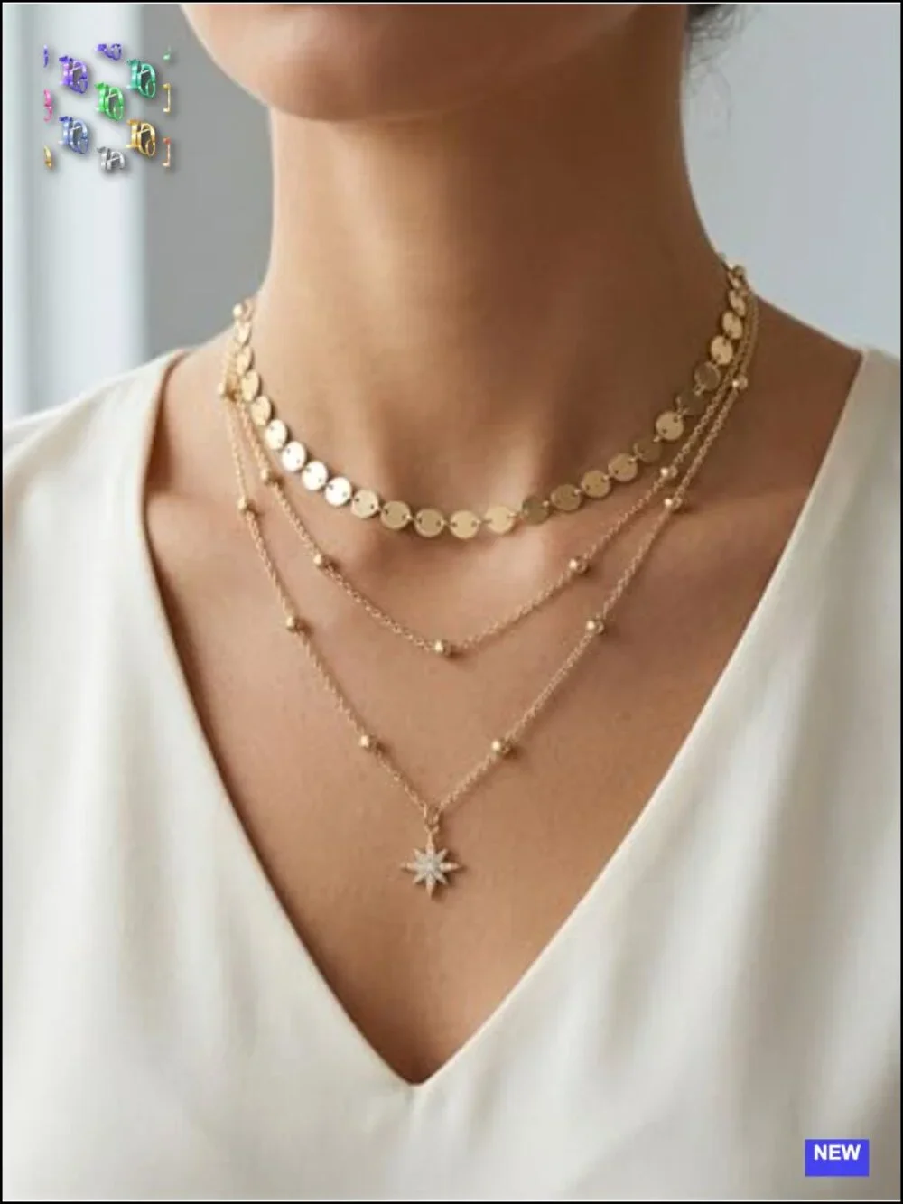 3Pcs Gold Layered Stackable Choker Pendant Set, Waterproof Adjustable 14K Gold